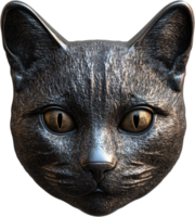 A detailed metal sculpture of a cat's face, with a textured surface and expressive, round eyes, set against a solid background. png