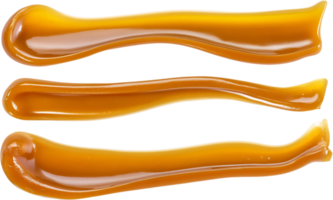 Three luscious caramel swirls cascade across the frame, creating a sweet and inviting visual delight. Food concept, dessert theme. png