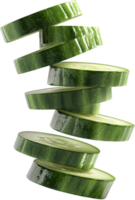 A stack of cucumber slices, cut into rounds with light green flesh, stand out against a solid black background in a studio shot. png
