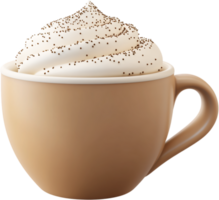 A beige mug overflowing with creamy white whipped topping, sprinkled with small dark spots, creating a visually appealing sweet drink. png