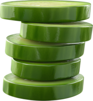 A stack of fresh cucumber slices, vibrant green and glossy, showcasing the crisp texture and refreshing nature of the vegetable. png