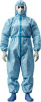 Person wearing a blue protective suit, face mask, and goggles for safety. The suit appears crinkled and has a blue stripe down the front. png