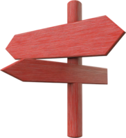A red wooden signpost featuring directional arrows pointing in opposite directions, set against a plain background, indicating choices. png