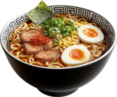 Delicious ramen bowl filled with noodles, broth, meat, eggs, and vegetables, creating a flavorful and satisfying meal experience. png