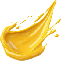 Abstract splash of vibrant yellow paint. Swirling liquid texture with dynamic streaks against a solid black background, artistic effect. png