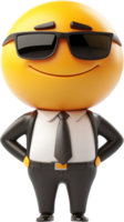 Cool emoji character with sunglasses and a black business suit, confidently standing with hands on hips, radiating composure and charisma. png