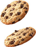 Two delicious homemade chocolate chip cookies are shown in this macro shot on a dark background. Mouthwatering cookie with melted chocolate. png