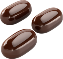 Three shiny, oval capsules against a dark backdrop, suggesting pharmaceutical or nutritional supplements. The capsules display smooth surfaces and brown hue. png