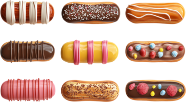 Delicious collection of nine assorted eclairs, each uniquely decorated with colorful toppings and icings, displayed on a dark background. png