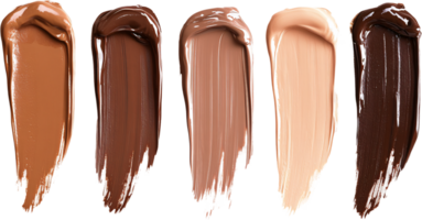 Foundation swatches showcase a range of skin tones. Dark, medium and light shades of foundation create an artistic display of color. png