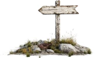 Weathered wooden sign pointing left, rustic charm on a rocky base, nature's guidance. Rustic wooden arrow for wayfinding design element png