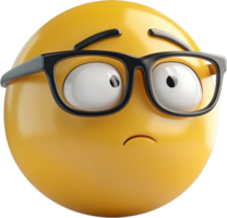 Puzzled Emoji, Yellow spherical character with furrowed brow and questioning eyes. Wearing glasses, displaying a look of confusion. png