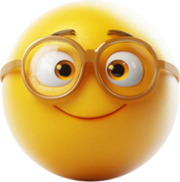 Whimsical yellow emoji character with round glasses and a cheerful smile, creating a fun and lighthearted mood. Digital art. png