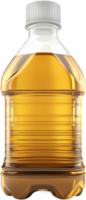 A bottle with an amber-colored beverage stands against a dark background, showcasing its simple white cap and horizontal ridged design. png