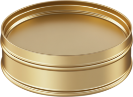 Elegant gold tin container. Perfect for storage, gifting, and packaging. Shiny golden lid, a classic, round design, and durable construction. png