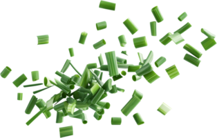 Scattered chopped chives create a vibrant display of fresh, green color on a clean black background. Culinary herbs are ready to be used. png
