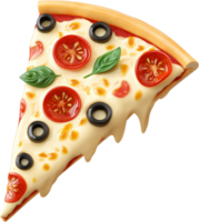 A vibrant and appetizing slice of pizza, topped with tomatoes, olives, and basil, featuring a gooey cheese pull. png