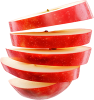 A sliced red apple is depicted on a black background. The slices are stacked, creating an eye-catching, modern fruit display. png