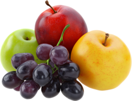 Vibrant fruit medley, A green apple, a red plum, a yellow apple, and a cluster of dark grapes create a colorful and healthy composition. png