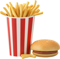 Burger and Fries, A classic fast food combo. Crispy fries in a striped container with a juicy burger. Perfect for a quick bite. png