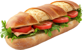 A delicious, crusty sandwich overflowing with fresh arugula, sliced tomatoes, and savory meat on a long baguette. Ready to eat. png