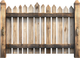 Rustic wooden fence gate with pointed pickets and horizontal rails, showing wood grain and weathered texture, isolated on black. png