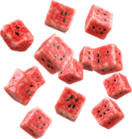 Playful dice, mimicking juicy watermelon, roll in a tasty game. Fun, summer vibes with seeds spotting the watermelon-textured cubes. png