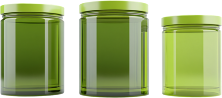 Three green jars with clear glass bodies stand in a row, reflecting light. The jars vary in size, creating visual interest. png