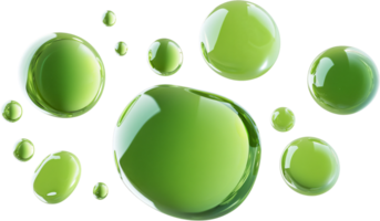 Green liquid spheres floating against a black background. The orbs feature a glossy, reflective surface, creating a sense of depth. png