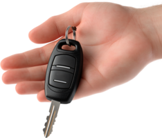 Close-up of a hand holding a black car key with a silver ring, showcasing its design and functionality. Keys are essential for vehicle access. png