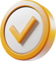 3D rendering of a circular badge with a raised orange checkmark. The badge is white inside and has an orange outline. Isolated. png