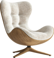 Modern swivel chair with a cream upholstered shell and a curved wooden base, blending comfort and style, creating a unique seating experience. png