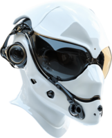 Futuristic white helmet with dark visor and camera, highlighting sleek design and advanced technology for a high-tech, modern aesthetic. png