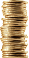 Tall stack of shiny gold coins piled high. A representation of savings, investments, and financial security. Isolated on black background. png