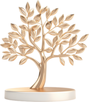 Golden Tree. Decorative tree crafted with shiny golden finish on an elegant white stand. Symbol of growth, prosperity, and timeless beauty. png