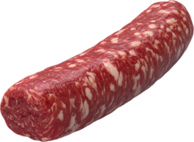 A raw, uncured sausage link, crafted from a blend of red meat and white fat, is isolated against a stark black background, ready for preparation. png