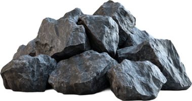 An isolated pile of rough, dark rocks arranged in a cluster, showcasing the raw beauty and texture of natural stone formations. png