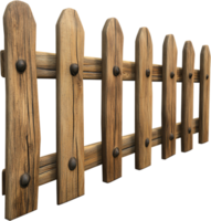 A weathered fence with a rustic charm stands as a boundary, its wooden planks displaying age and character, with metal fasteners accentuating the design. png