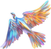 Iridescent Dove, A gleaming, chrome-like bird takes flight, its wings shimmering with rainbow hues against a stark black backdrop. png