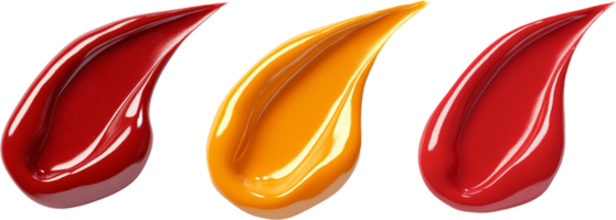 Vibrant assortment of glossy color swatches featuring shades of red and orange, displayed as teardrop shapes with a luminous sheen. png