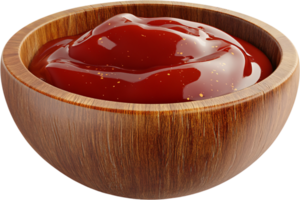 Close-up of a rustic wooden bowl filled with a generous serving of smooth, glossy red sauce, showcasing its rich color and appealing texture. png