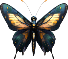 A captivating butterfly with intricate patterns, blending dark blues, golds, and iridescent greens, poised on a black background. png