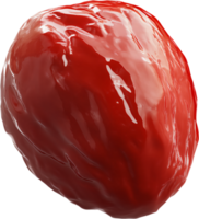A glossy red fruit, its smooth surface reflecting light with highlights against a dark background, creating a visually striking image. png