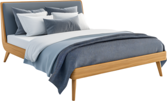 Stylish bed with light wood frame, layered white and blue bedding, and soft pillows creating an inviting sleep space. png