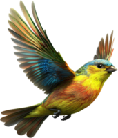 A vibrant bird with multicolored feathers takes flight, wings spread against a stark background, showcasing nature's beauty in motion. png