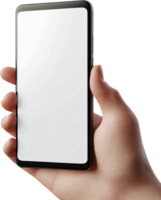 Smartphone held in hand with blank white screen. Modern mobile device for communication and entertainment, isolated on a black background. png