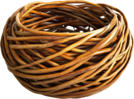 Intricate natural basket woven with vines, showcasing warmth and craftsmanship. Perfect for rustic decor or a textured design element. png