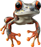 Captivating amphibian portrait, A colorful frog leaps into view, showcasing intricate patterns and vibrant hues against a sleek backdrop. png