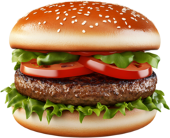 A sesame seed bun sits atop a juicy burger, complete with crisp lettuce and ripe tomato slices. A culinary delight for all burger lovers png