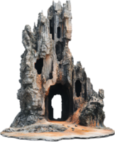 A weathered rock formation with cave openings, showcasing erosion and geological time. The isolated structure displays natural textures. png